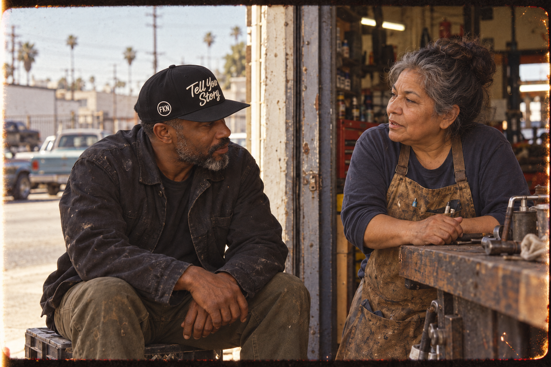 Generated 8mm-style editorial scene of two people talking outside an LA workshop; the man wears a black Tell Your Story cap with the FKN circle.